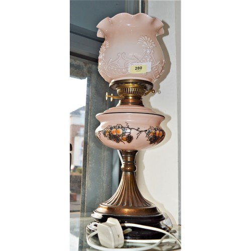 12 - Brass Oil Lamp (Converted to Electric) on Porcelain Pedestal Base and having Pink Decorative Shade -... 