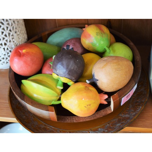 24 - Malayan Timber Fruit Bowl (needs Gluing), Plus Various Pieces of Faux Fruit, Plus Circular Tray