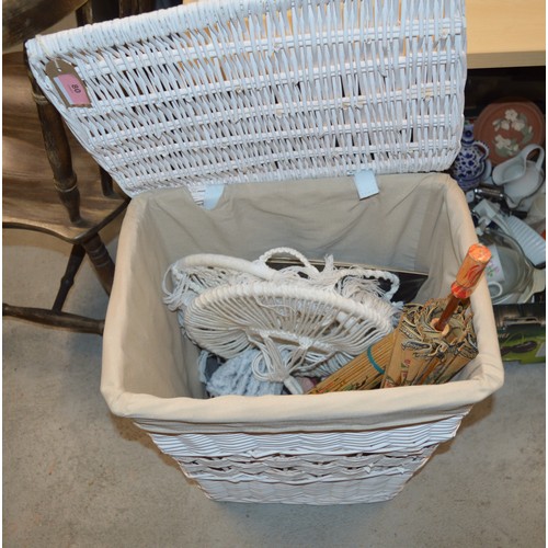 38 - Wicker Laundry Basket with Contents (Chinese Umbrellas, Door Stop, etc)