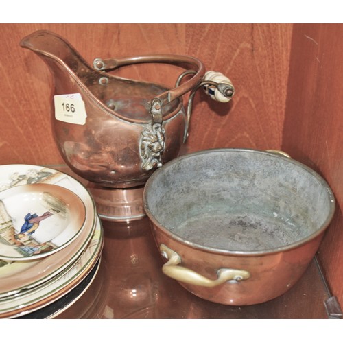 43 - A Miniature Copper and Brass Coal Scuttle Plus a Copper and Brass-Handled Bowl