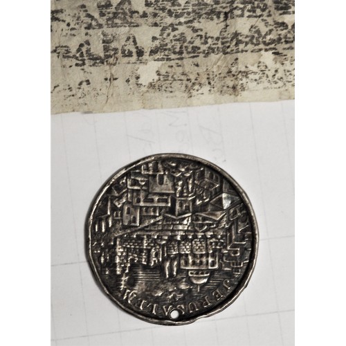 125 - Israeli Silver (835) 6 Grams Commemorative medallion _Jerusalem and a fine parchment in Hebrew Scrip... 