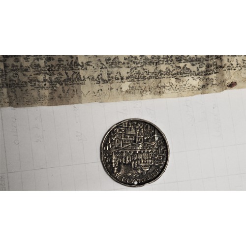 125 - Israeli Silver (835) 6 Grams Commemorative medallion _Jerusalem and a fine parchment in Hebrew Scrip... 