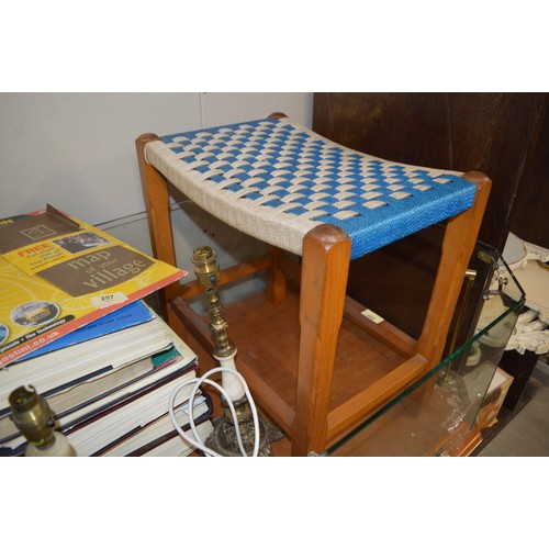 134 - An Oak Stool with Seat Woven of Nylon Rope (Blue and White)