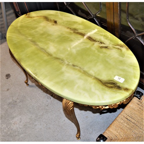 255 - Green Onyx-Topped Oval Coffee Table having Ornate Gilt Metal Frame and Cabriole Style Legs - 36