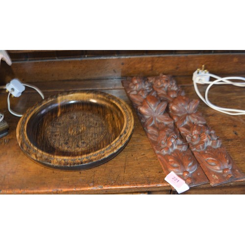 265 - Pair of Carved Wooden Plaques (Flora) Plus a Carved Wall-Hanging Bowl (Serbian)