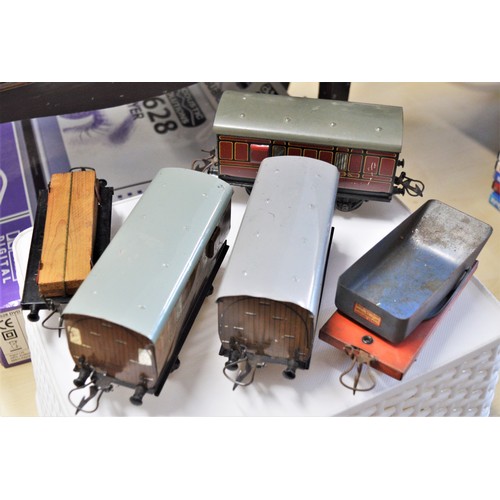 165 - 'O' Gauge Carriages:  One LMS, 2 x LNER, a Tipper Truck and Wood Wagon with Cargo