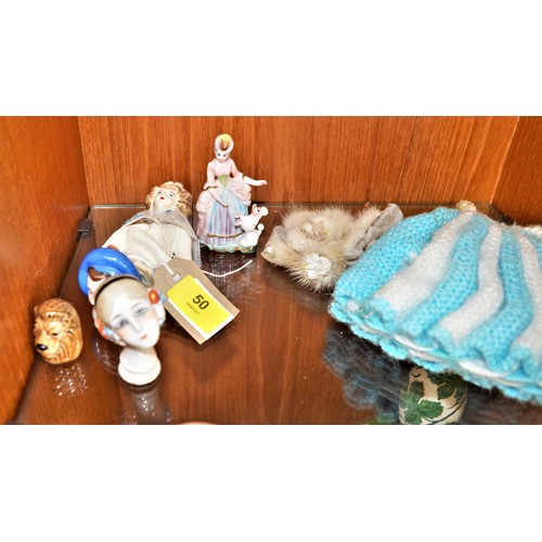 50 - Two Porcelain Doll Heads Plus One (Plaster Mould) Half Doll, Plus One Porcelain Half Doll Mounted on... 