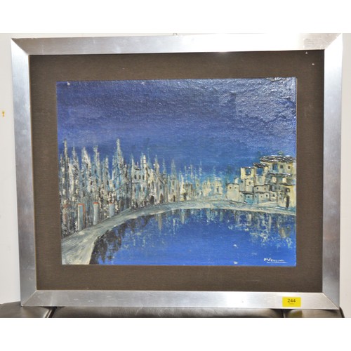 244 - Modern Abstract Cityscape Oil on Board with Black Cloth and Metallic Frame - Signed P Venditti