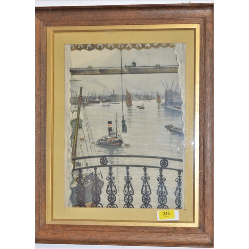 245 - Oak Framed and Glazed Artwork (View from a Window of Working London Docks)