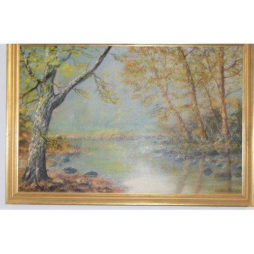 247 - Stretched Canvas Oil Painting of a Woodland Lake Scene - Signed Stanley Dollimore 1978