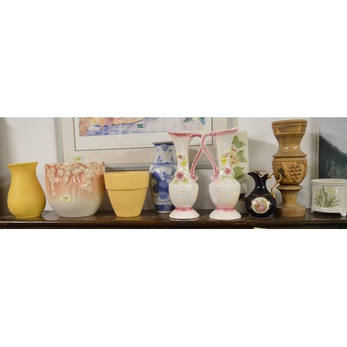 149 - Assorted Plant Pots and Vases including a Treen Carved Vase, etc