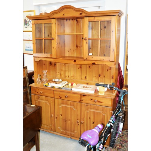 160 - Pine Kitchen Dresser (Base has 3 Drawers over 3 Cupboards, and Separate Top has Glazed Display Secti... 
