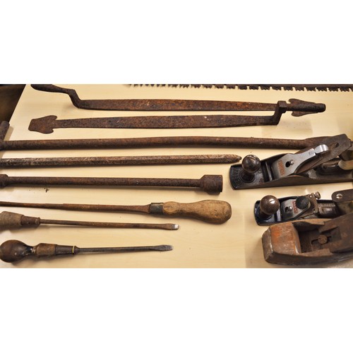 283 - A Quantity of Antique Woodworking Tools and Saws (in a Clear Plastic Box) including Three Wood Plane... 