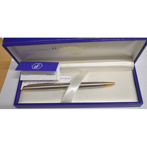 145 - Cased Waterman, Paris Hemisphere Ball Point Pen. Stainless Steel  with Gilt Tip and Grip