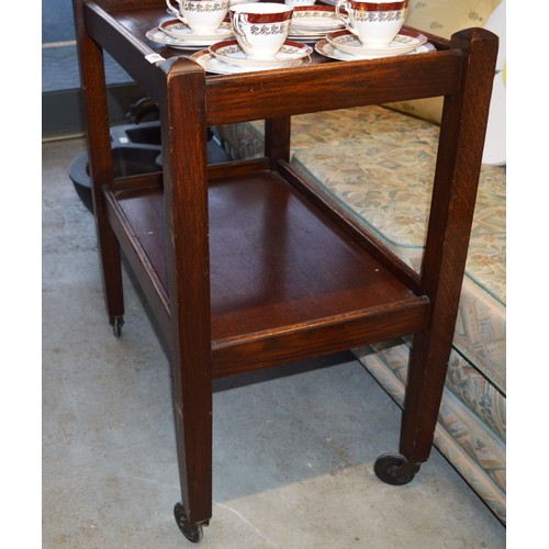 224 - Solid Oak and Oak Veneered Art Deco Two-Tier Tea Trolley on Wheels