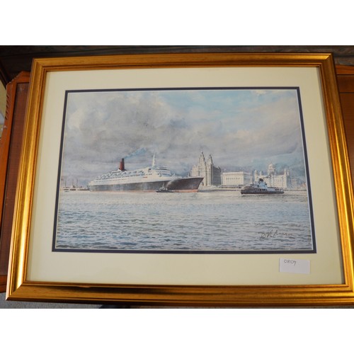 12 - Framed, Mounted and Glazed Watercolour Print of a Cunard Liner QE2 Docking in Liverpool - Signed by ... 