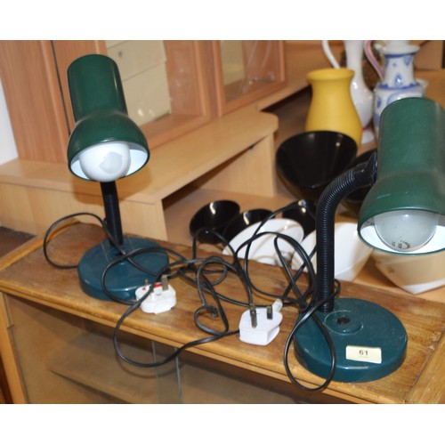 61 - Two Dark Green Table/Desk Lamps having Adjustable Goose Necks