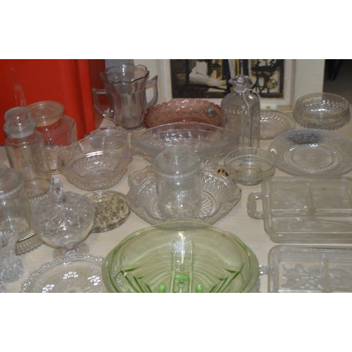 91 - A Large Selection of Pressed Glass Items including an Art Deco Clear Green Fruit Bowl, etc