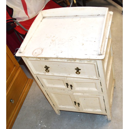 54 - Small Solid Wood Bedside Chest (Over-Painted White) having One Drawer and Two Cupboards and Up-stand... 