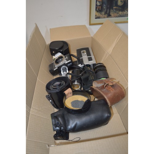 188 - Box of Assorted Cameras and Lenses including Cine, Minolta, etc