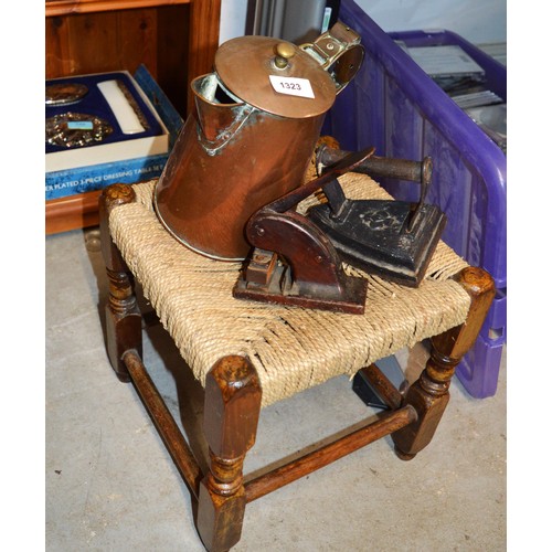 52 - Four Fire-Side Items:  a String-Top Stool, Copper Kettle, Cast Metal Press, and a Flat Iron