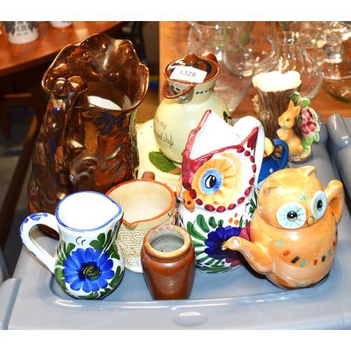 115 - Assorted Jugs including a Copper Lustre Ballerina Jug, Torquay Motto Ware, Hornsea, Welsh Studio Pot... 