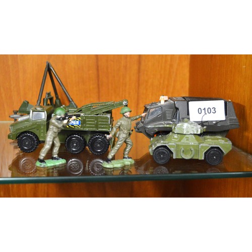 31 - Two Die-cast Army Dinky Toys, Two Others  Plus Two Britain's Soldiers