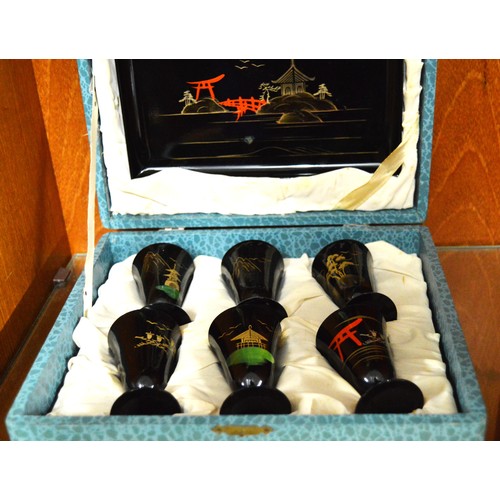 34 - Cased Set of Six Oriental Papier Mache Miniature Goblets