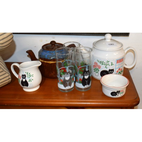 51 - Cat-Related Collection:  Tea Pot, Jug and Sugar Bowl, Three Glasses, Plus One Other Pottery Teapot