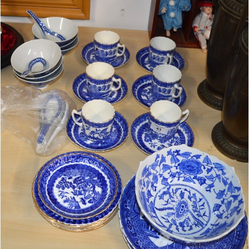 43 - Collection of Blue and White Chinese Style Cups, Saucers, Plates, Bowls, Spoons, etc