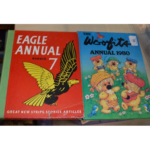 53 - Annuals:  3 x 1950's Lion Annuals, Eagle No. 7 and The Woofits 1980