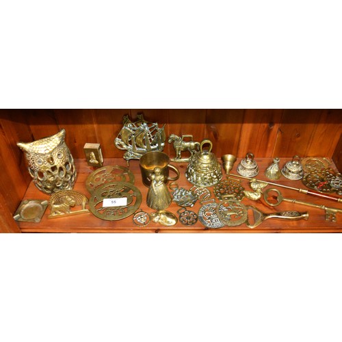 55 - Box of Brassware:  Horse Brasses, Owl Candle Holder, Pepsi Cola Bottle Opener, Bells, Trivets, etc