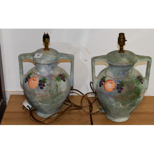 187 - A Pair of Ceramic Twin Handles Mediterranean  Urn Form  Table Lamps with Painted Fruit Motifs