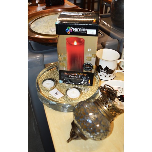 96 - Heavy Candle Table Display Plus a Boxed Dancing Flame Candle Plus a Metal and Glass Hanging Candle H... 