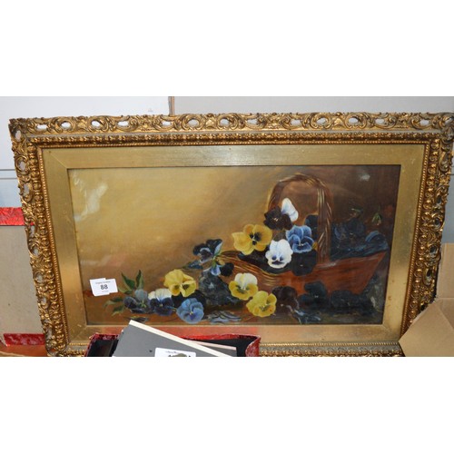 88 - Ornate Gilt-Framed Oil Painting of Pansies (under Glass)