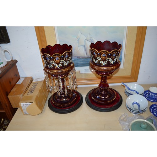 45 - Bohemian Glass Lustre Ware with Cut Glass Appendages with gilt painting and decoration - NOT for Pos... 