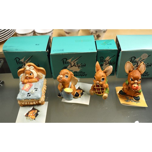 131 - Four Boxed Pendelfin Rabbits (some small chips):  Chirpy, Picnic Midge, Oliver and Scrumpy