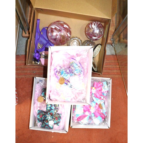 8 - Assorted:  Glass Christmas Baubles, Mini Calculator, Three Boxed Decorative Flower Bows, etc