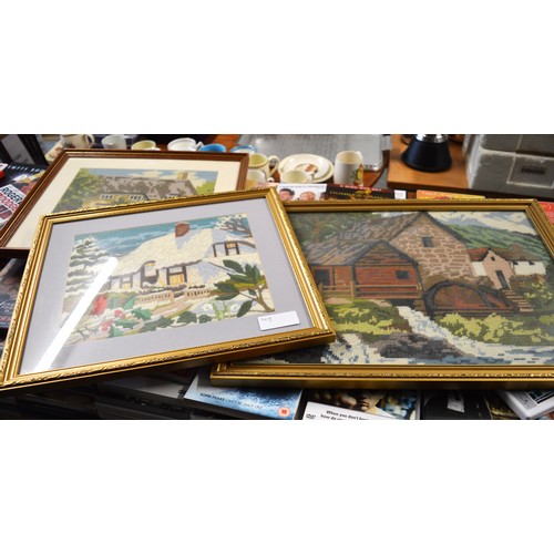 81 - Two Framed Under Glass Tapestry Cottage Scene Artworks, Plus One Embroidered Christmas Scene