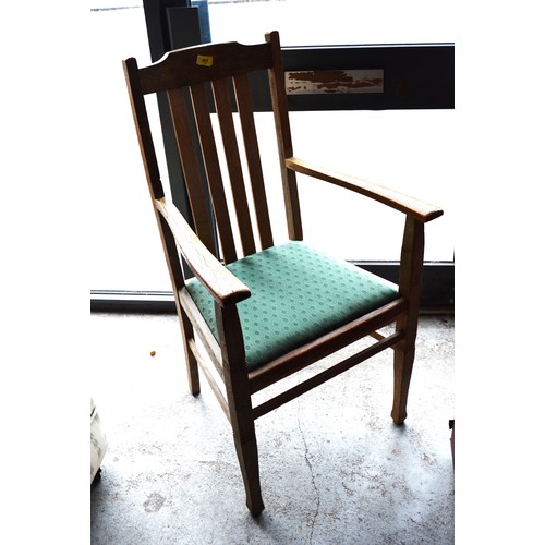137 - Solid Oak Antique Carver Chair with Green Upholstered Seat
