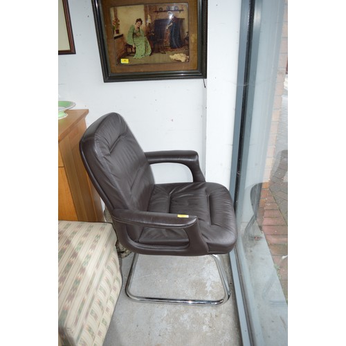 147 - Chrome Tubular Framed Office Chair (with Arm Rests) -Upholstered in Dark Brown Leather