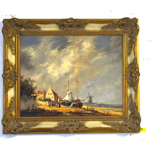 160 - Ornately Gilt Framed Oil Painting on Canvas by Gudrun Sibbons (1924 - 2020) of Dutch Fishing Folk on... 