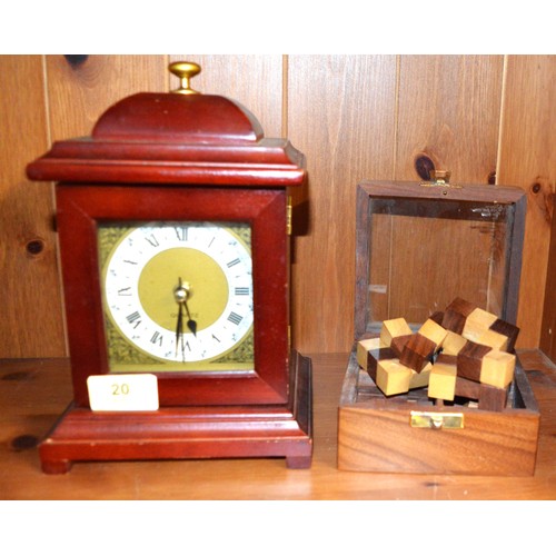 20 - Modern Mantle Clock, Plus a Wooden Puzzle Set in a Wooden Box