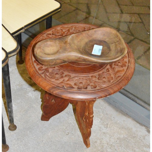 166 - A Hand-Carved Hardwood Sabot/Sandal Plus a Small Hand-Carved Indian Table with Inlay