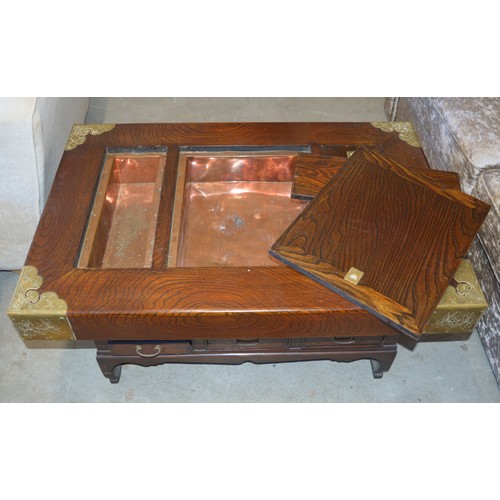 251 - Campaign-Style Coffee Table having Brass Corner Caps and Three Small Drawers