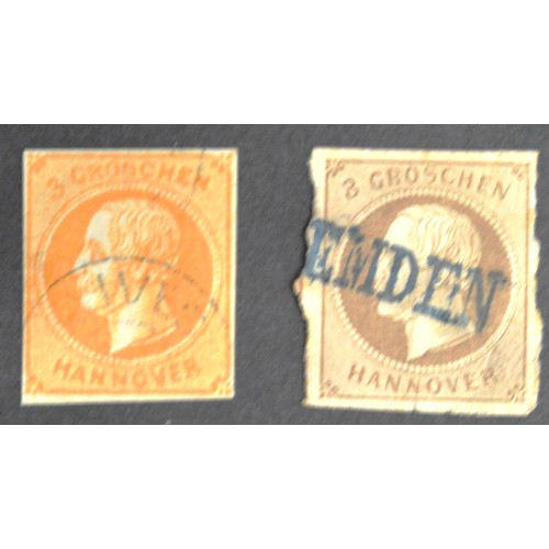 328 - Two Rare German State of Hannover Postage Stamps. 
3 Groschen Stamps-Brown and Yellow 1859-1861