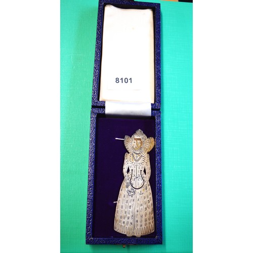 357 - Cased Sterling Silver Bookmark in Form of Queen Elizabeth I 1533-1603 Engraved Verso Pattern 443794 ... 