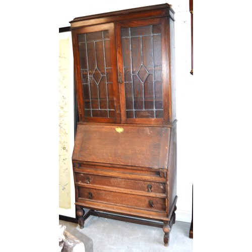 292 - Oak Two Drawer Fall Front Bureau/Bookcase With Two Glazed Top  Doors