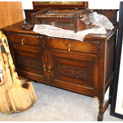 296 - Dark Oak Dresser having Ornate Carving to Back-stand and Cupboards, and Barley Twist Legs (NB Stretc... 