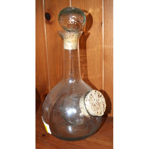 76 - 1920s/30s Hand-Made Clear Glass Decanter with Ice Chamber Pocket and Two Cork Stoppers (Good Conditi... 